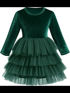Baby Girls Emerald Green Velvet Tulle Tiered Dress- 6-12 Months